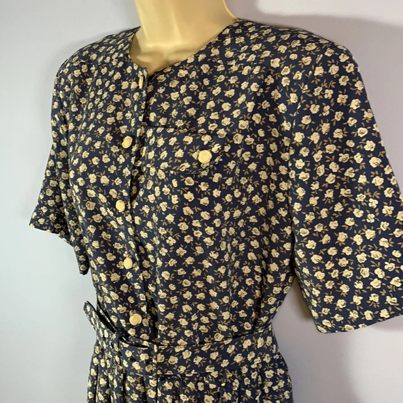 ORVIS true vintage blue midi dress white roses rose buttons size large made USA - Picture 2 of 10